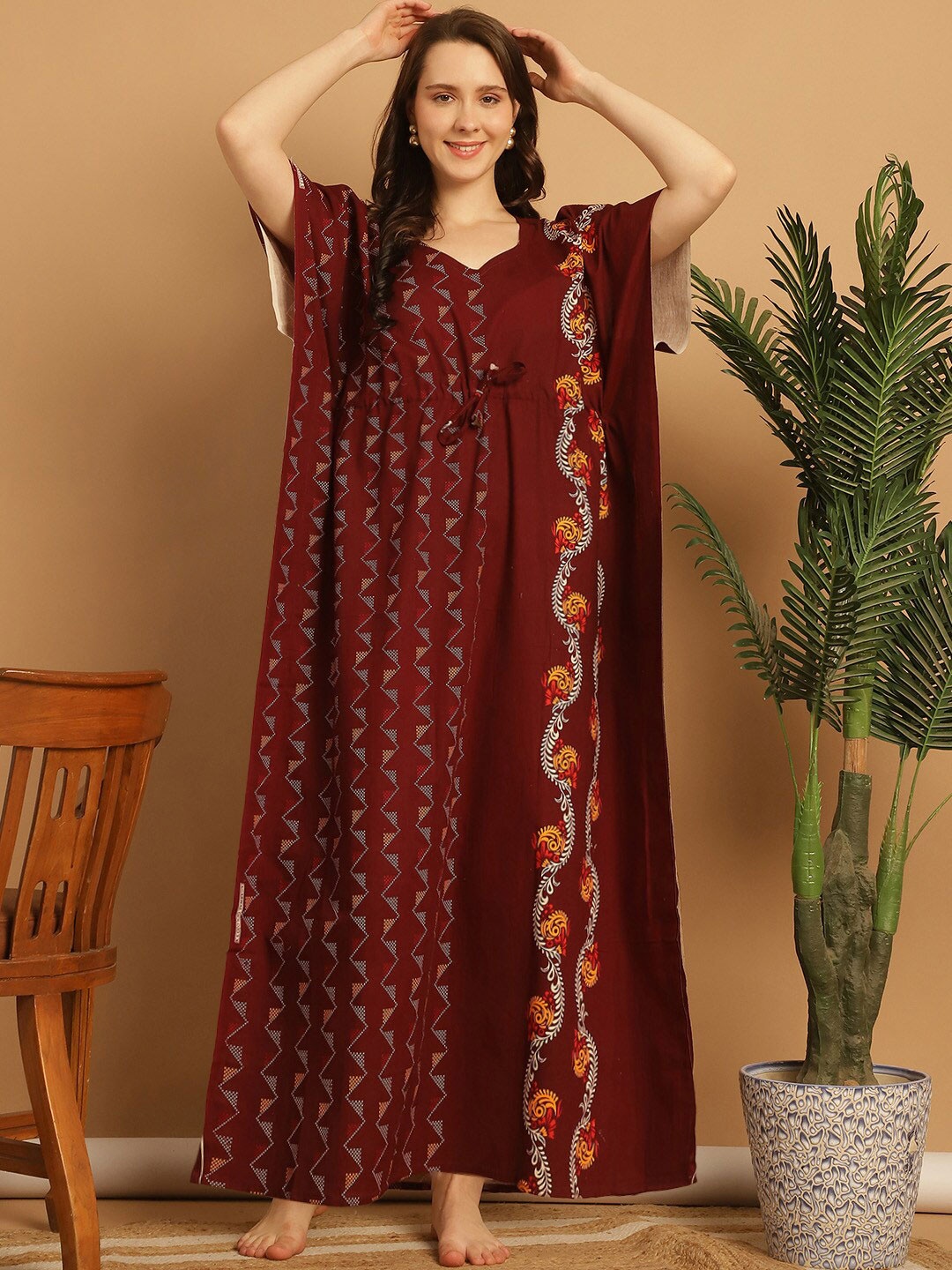 

Secret Wish Printed Pure Cotton Kaftan Nightdress, Maroon