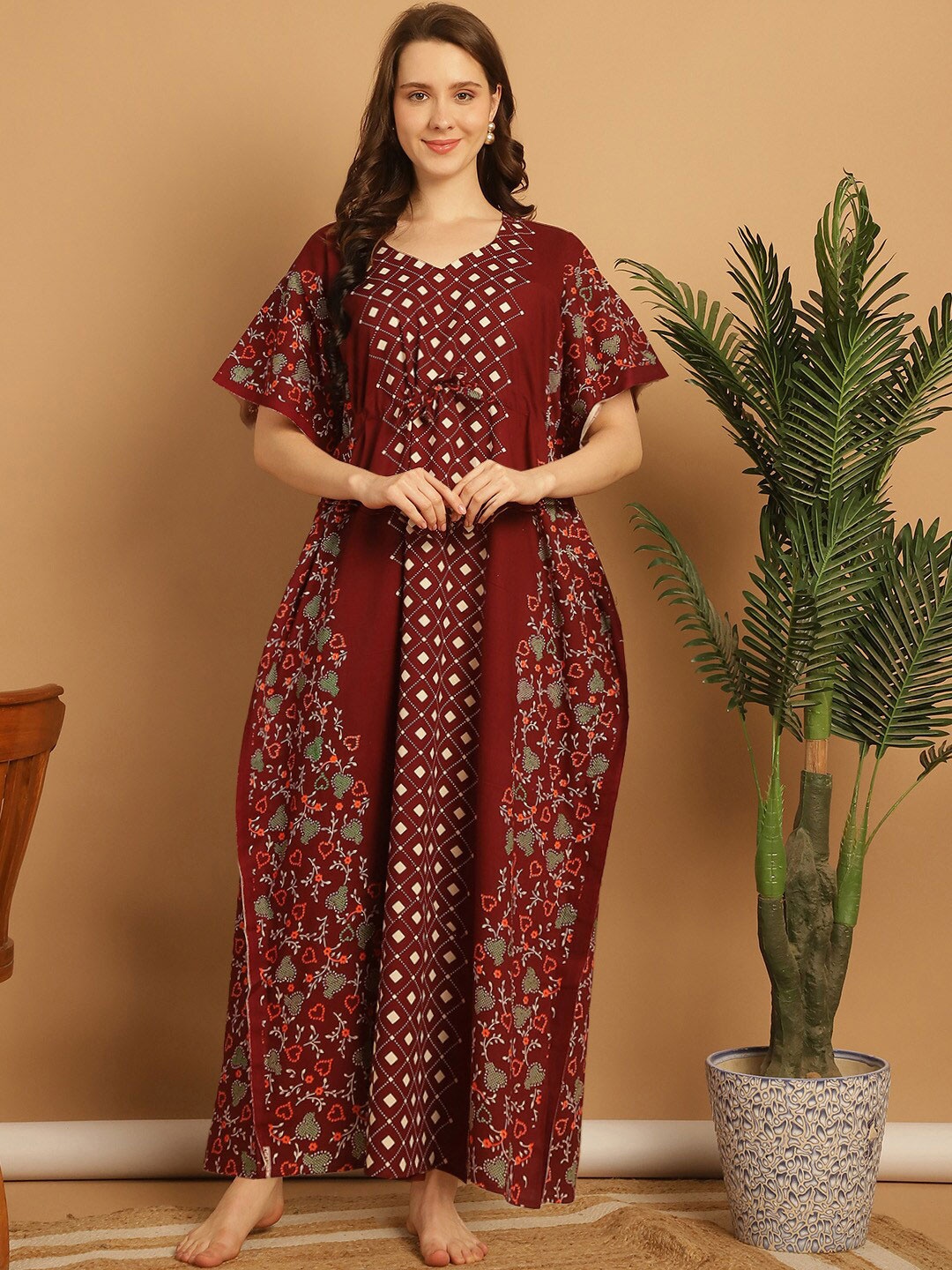 

Secret Wish Floral Printed Pure Cotton Maxi Kaftan Nightdress, Maroon