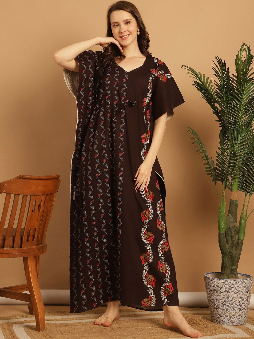 

Secret Wish Printed Pure Cotton Kaftan Nightdress, Brown