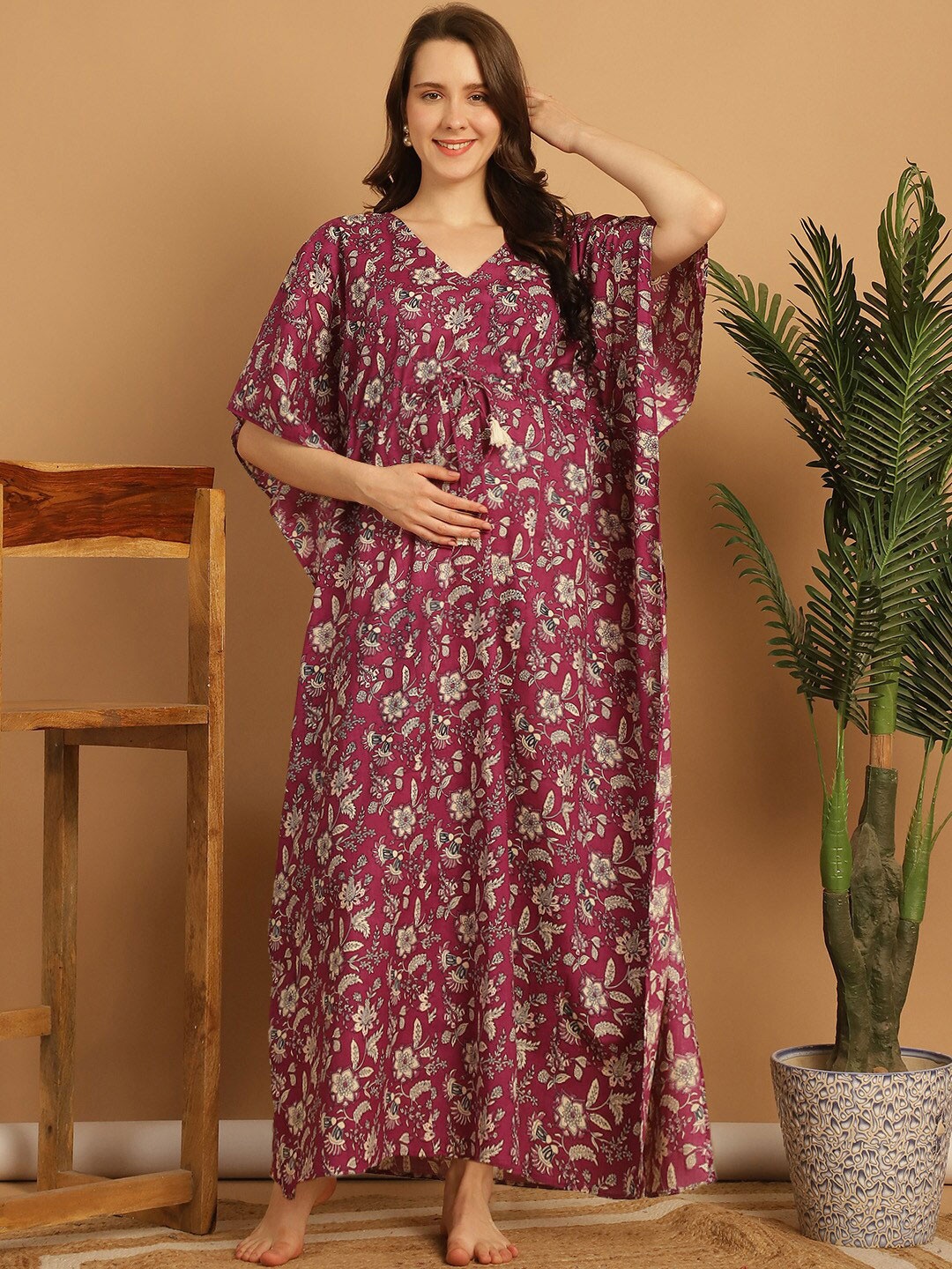 

Secret Wish Floral Printed Pure Cotton Maxi Maternity Kaftan Nightdress, Purple