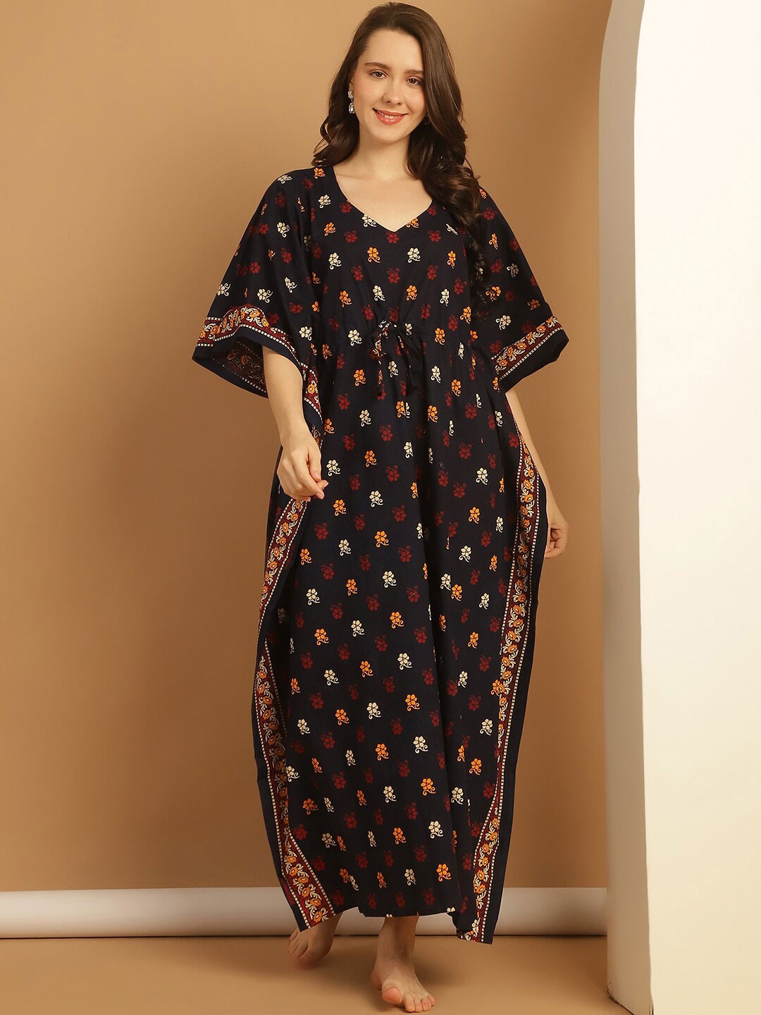 

Secret Wish Plus Size Printed Pure Cotton Kaftan Nightdress, Navy blue