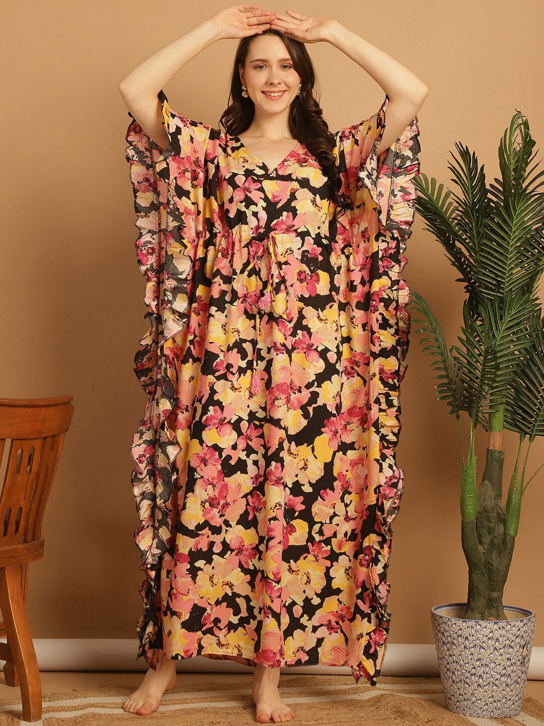 

Secret Wish Floral Printed Maxi Kaftan Nightdress, Yellow