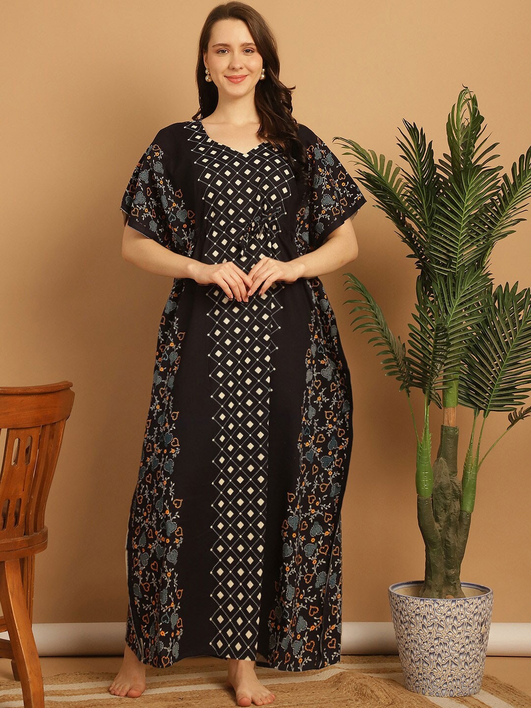 

Secret Wish Ethnic Printed Maxi Pure Cotton Kaftan Nightdress, Navy blue