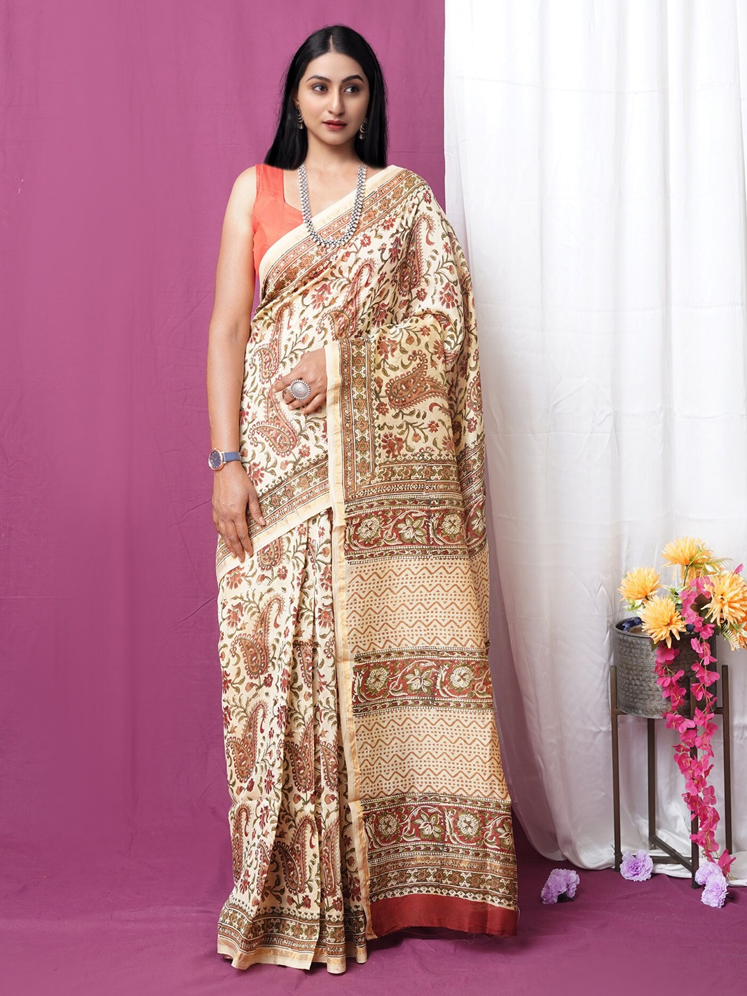 

Unnati Silks Kalamkari Zari Handloom Chanderi Saree, Cream