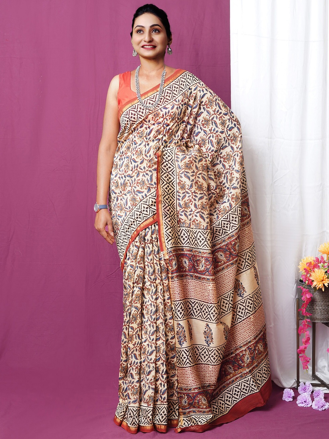 

Unnati Silks Kalamkari Zari Handloom Chanderi Saree, Cream