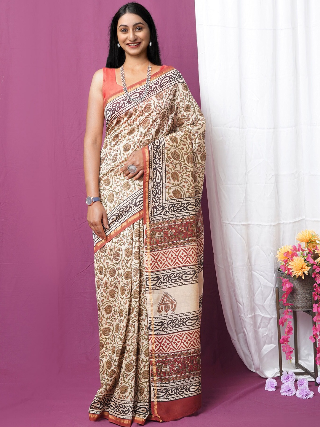 

Unnati Silks Kalamkari Zari Handloom Chanderi Saree, Cream