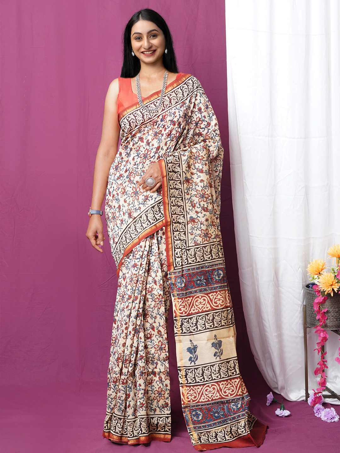 

Unnati Silks Kalamkari Printed Zari Handloom Chanderi Saree, Cream