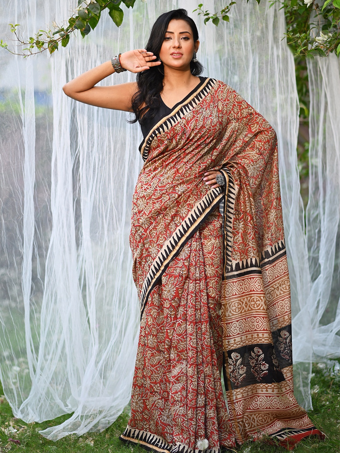 

Unnati Silks Kalamkari Zari Handloom Chanderi Saree, Red