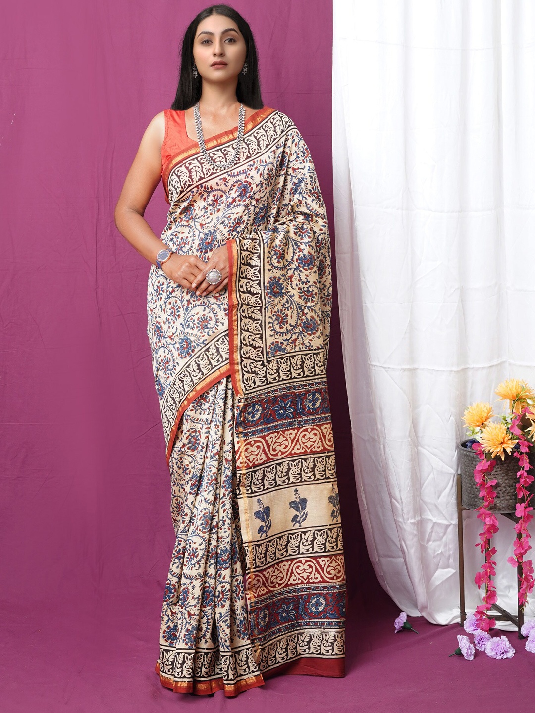 

Unnati Silks Kalamkari Zari Handloom Chanderi Saree, Cream