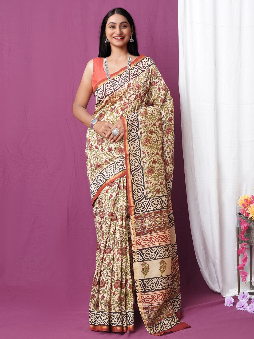 

Unnati Silks Kalamkari Printed Zari Handloom Chanderi Saree, Cream