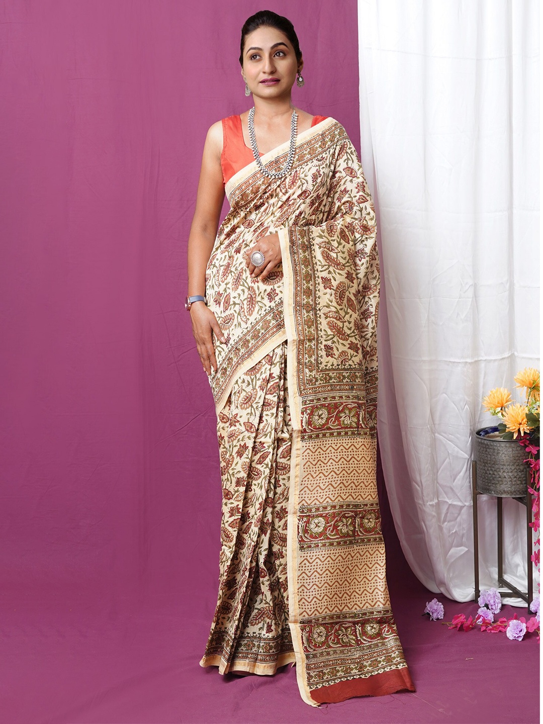 

Unnati Silks Kalamkari Printed Zari Handloom Chanderi Saree, Cream