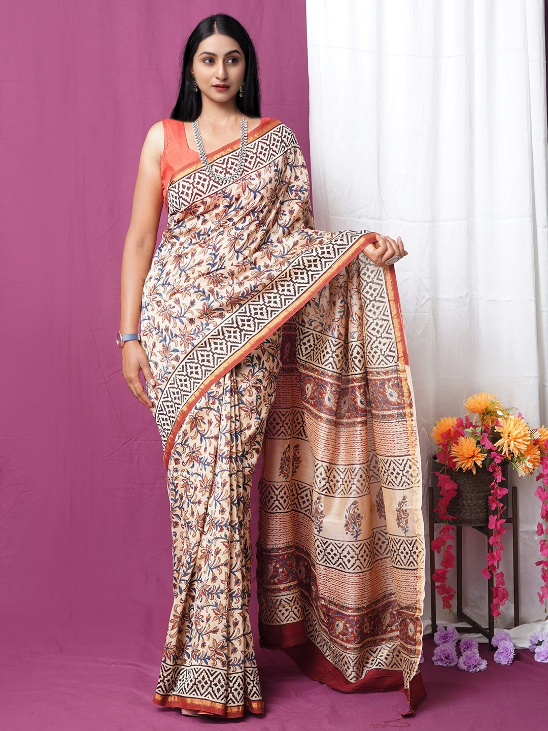 

Unnati Silks Kalamkari Zari Handloom Chanderi Saree, Cream