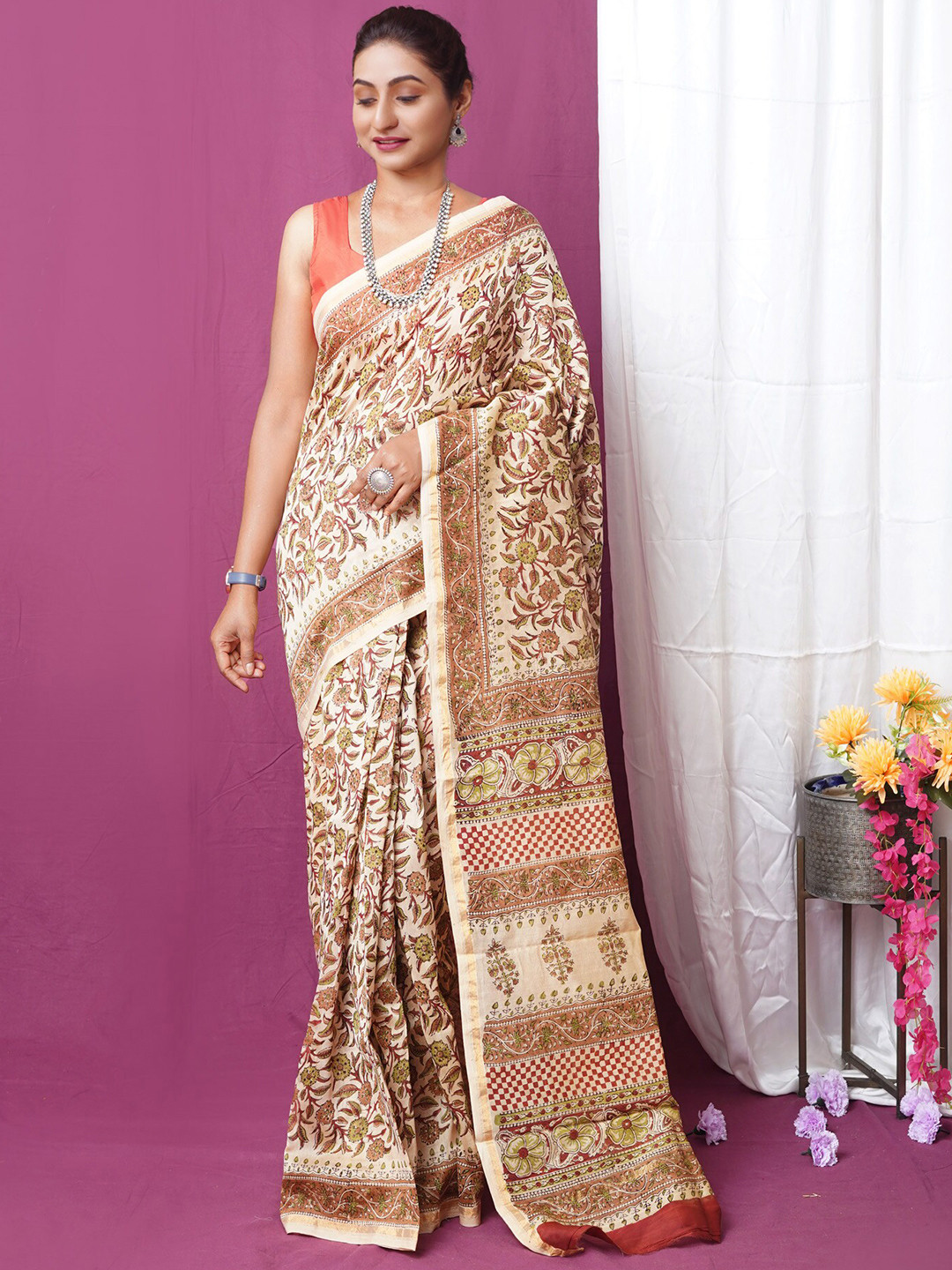 

Unnati Silks Kalamkari Printed Zari Handloom Chanderi Saree, Cream