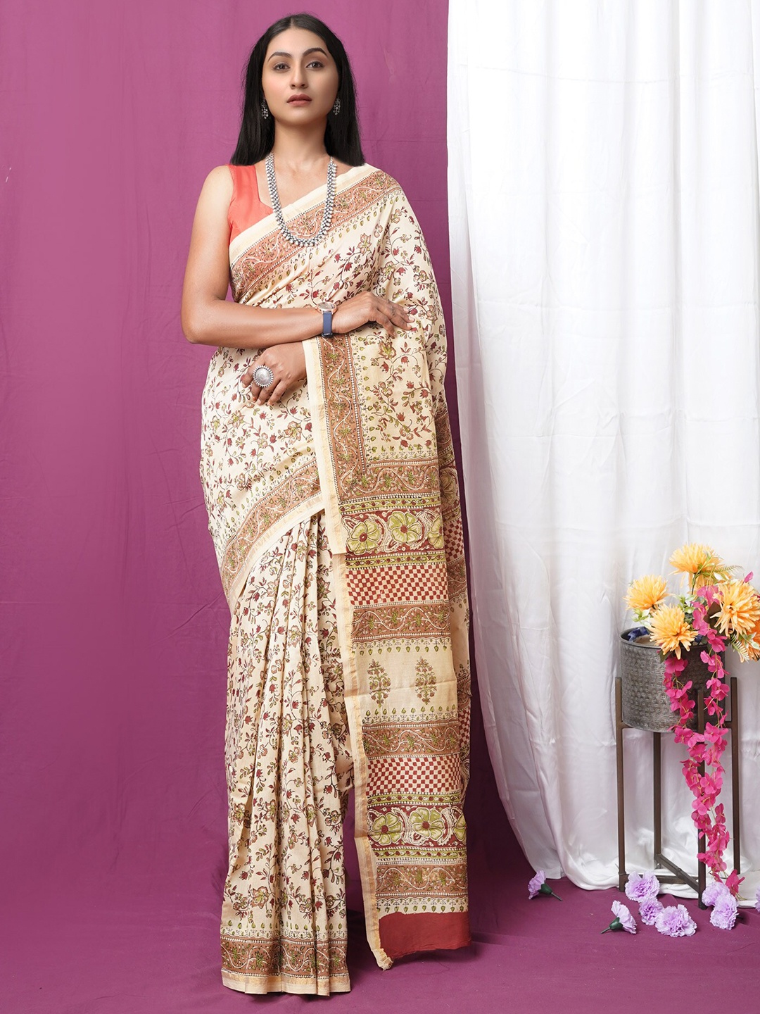 

Unnati Silks Kalamkari Zari Handloom Chanderi Saree, Cream