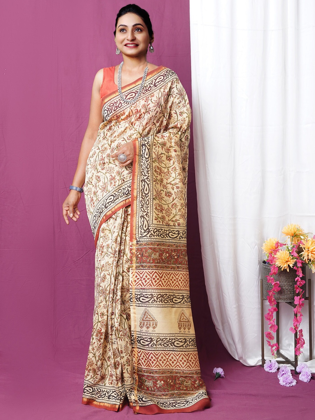 

Unnati Silks Kalamkari Zari Handloom Chanderi Saree, Cream