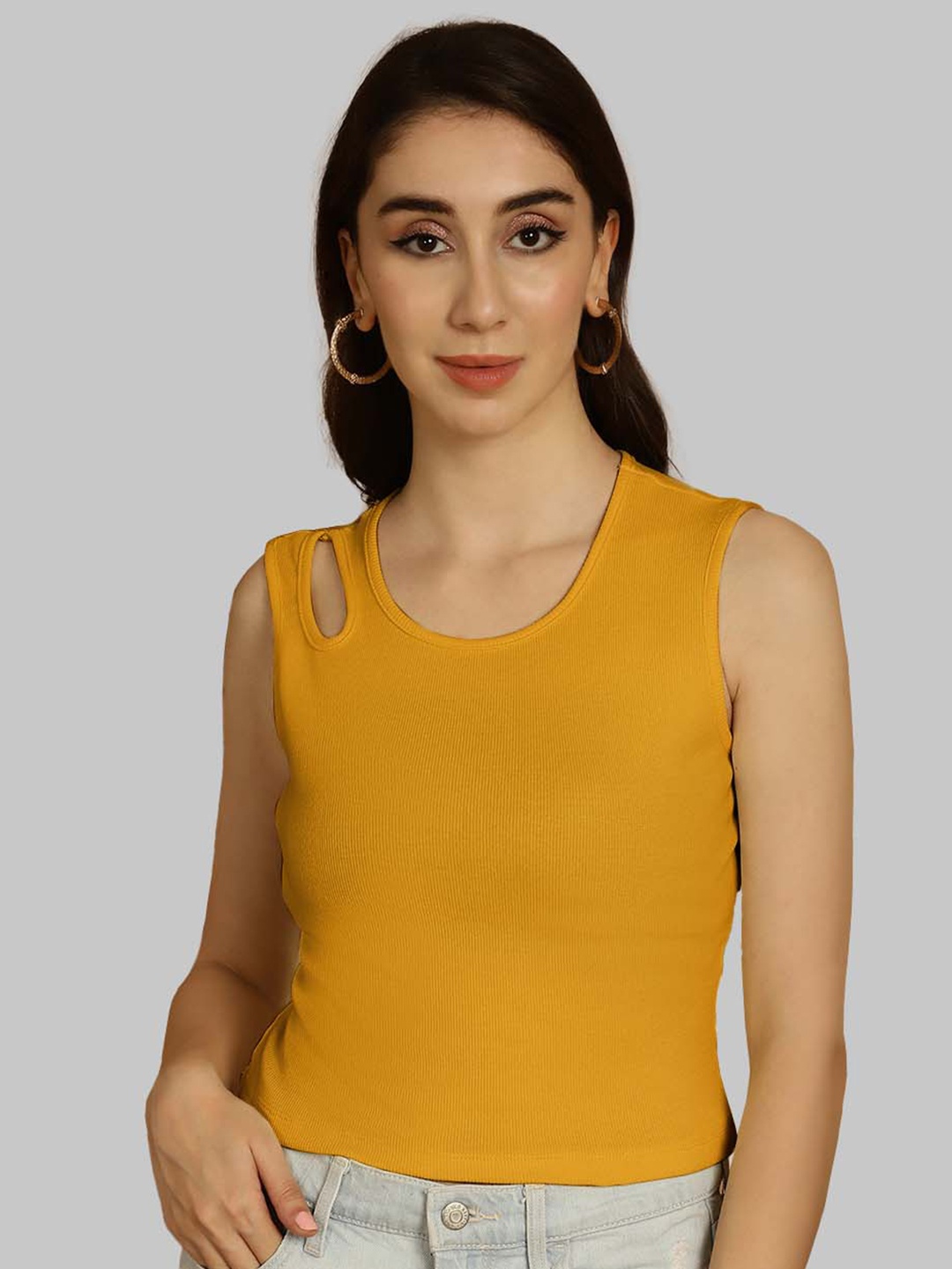 

Friskers Sleeveless Ribbed Cut Out Detail Crop Top, Mustard