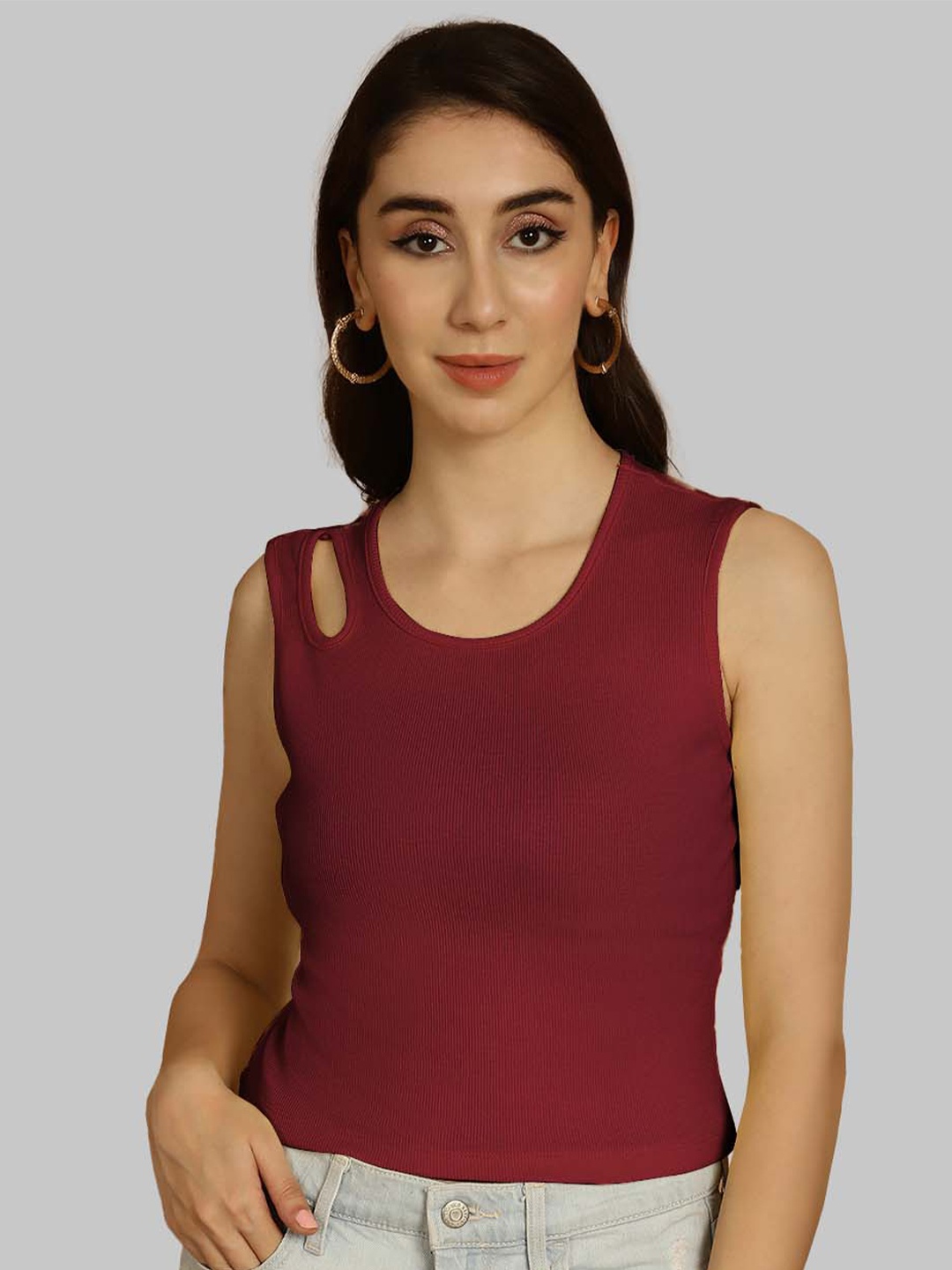 

Friskers Ribbed Sleeveless Fitted Crop Top, Maroon