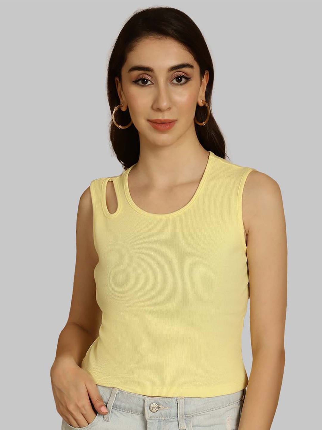 

Friskers Sleeveless Ribbed Cut Out Detail Crop Top, Yellow