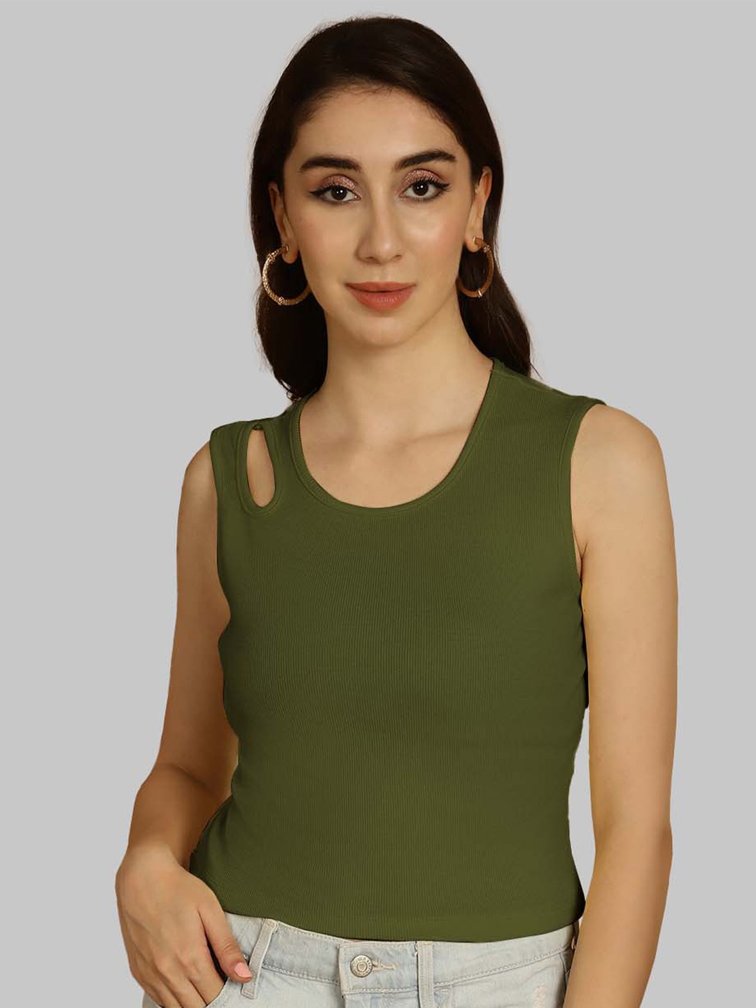 

Friskers Ribbed Sleeveless Fitted Crop Top, Olive