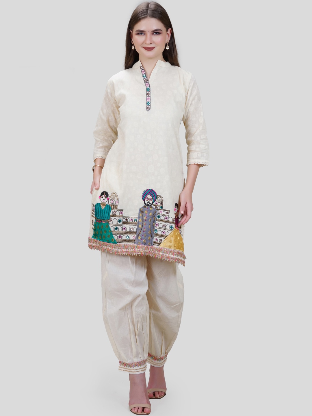 

MEHNAM Vriddhi Embroidered Shirt Collar Pure Cotton Tunic With Trousers, Beige