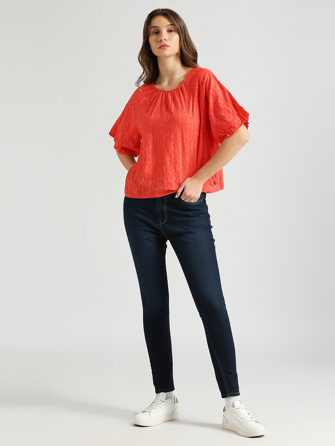 

Pepe Jeans Self Design Puff Sleeves Pure Cotton Top, Red