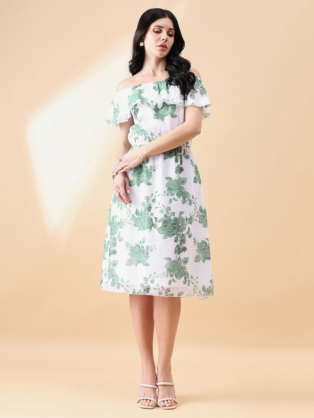 

PowerSutra Floral Printed Off-Shoulder Georgette Fit & Flare Dress, White