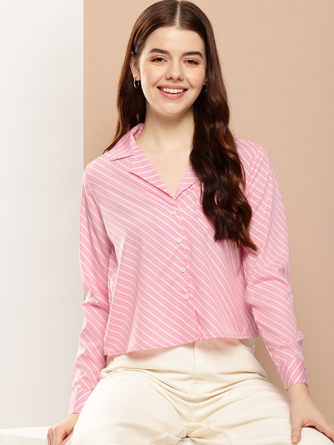 

encore by INVICTUS Diagonal Stripes Opaque Casual Shirt, Pink