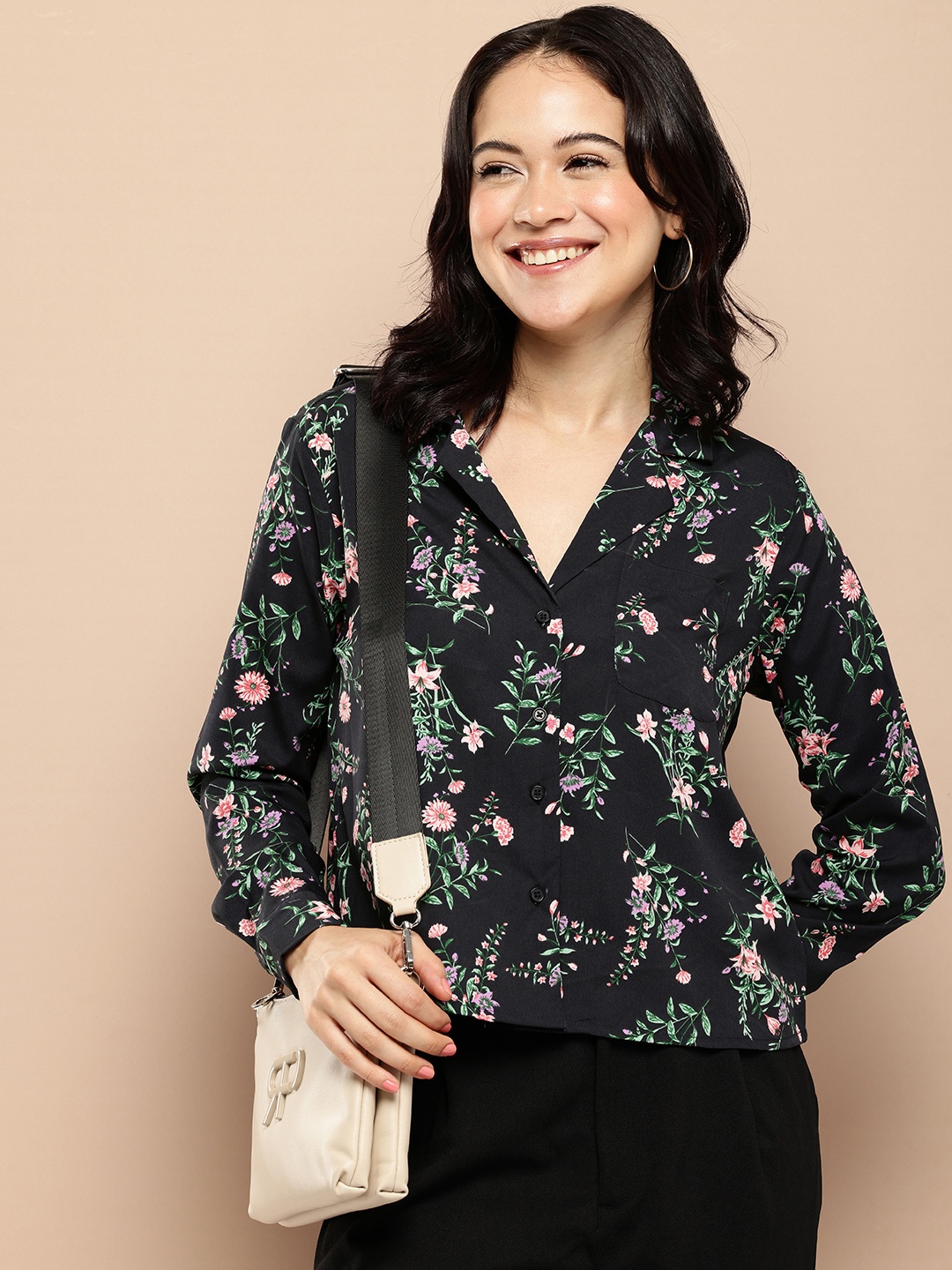 

encore by INVICTUS Floral Printed Opaque Casual Shirt, Black