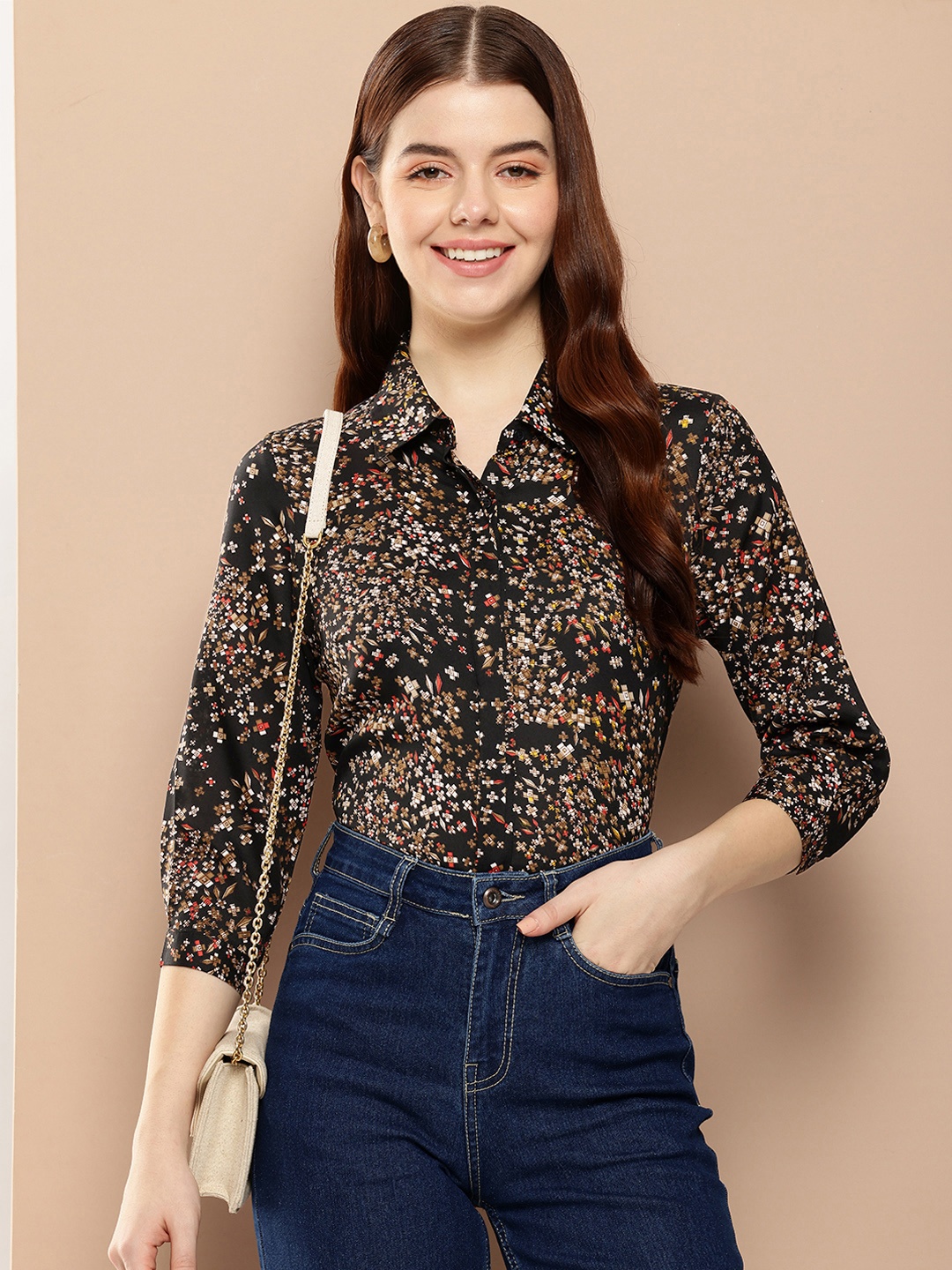 

encore by INVICTUS Opaque Printed Casual Shirt, Black