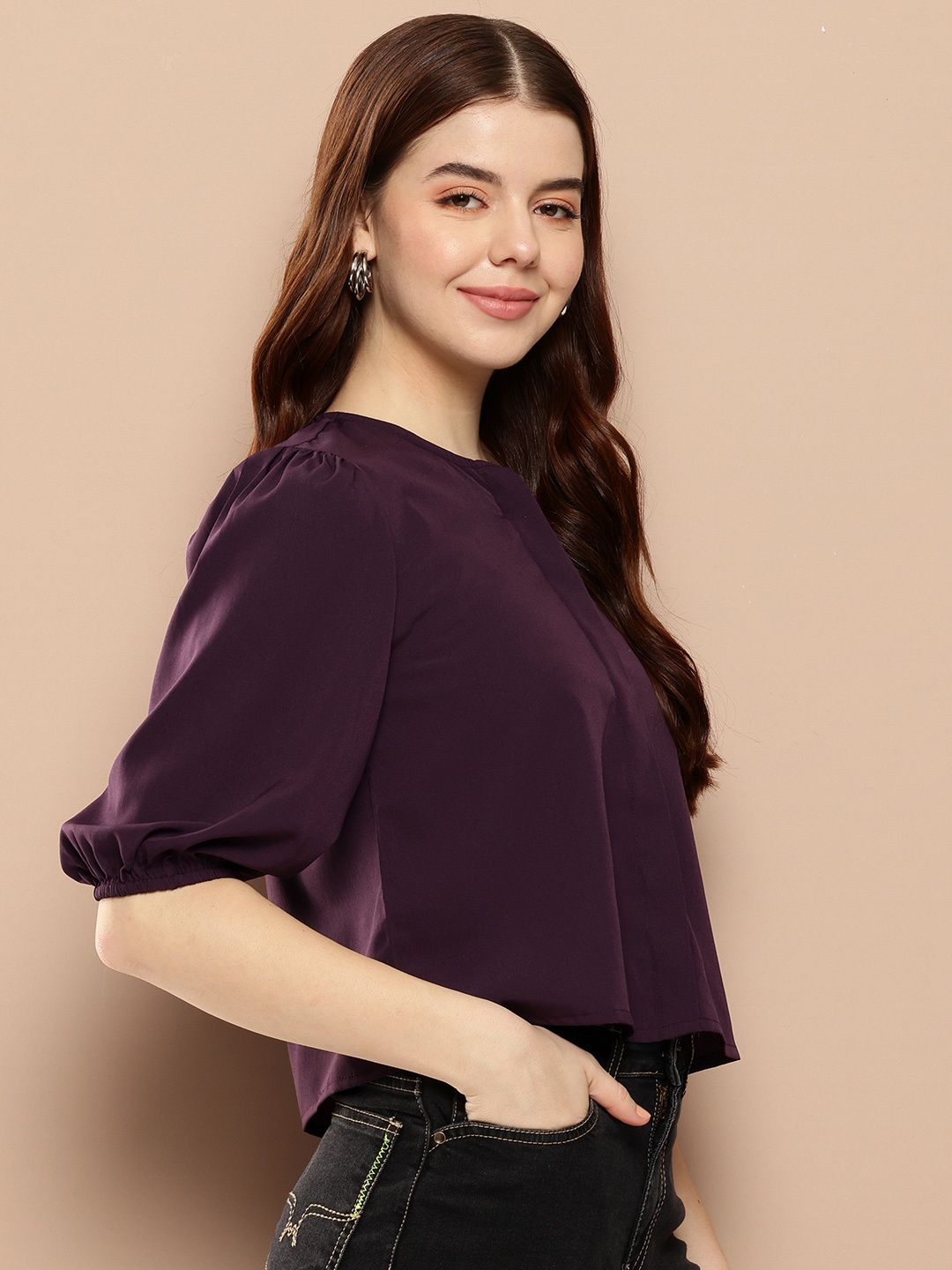 

encore by INVICTUS Puff Sleeve Shirt Style Top, Purple