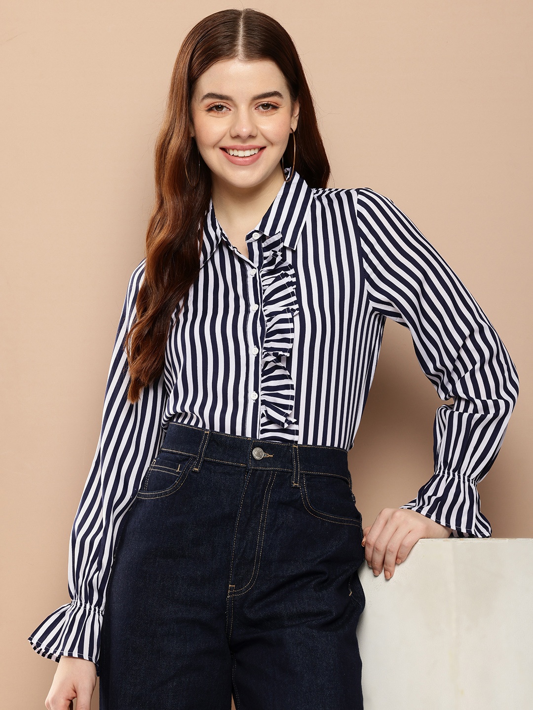 

encore by INVICTUS Ruffles Opaque Striped Casual Shirt, Navy blue
