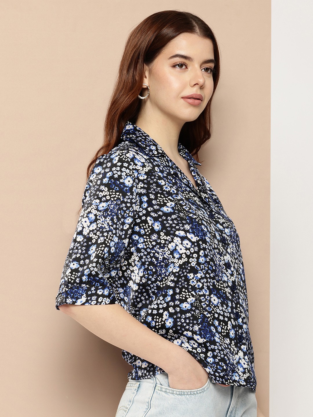 

encore by INVICTUS Floral Printed Cuban Collar Casual Shirt, Black