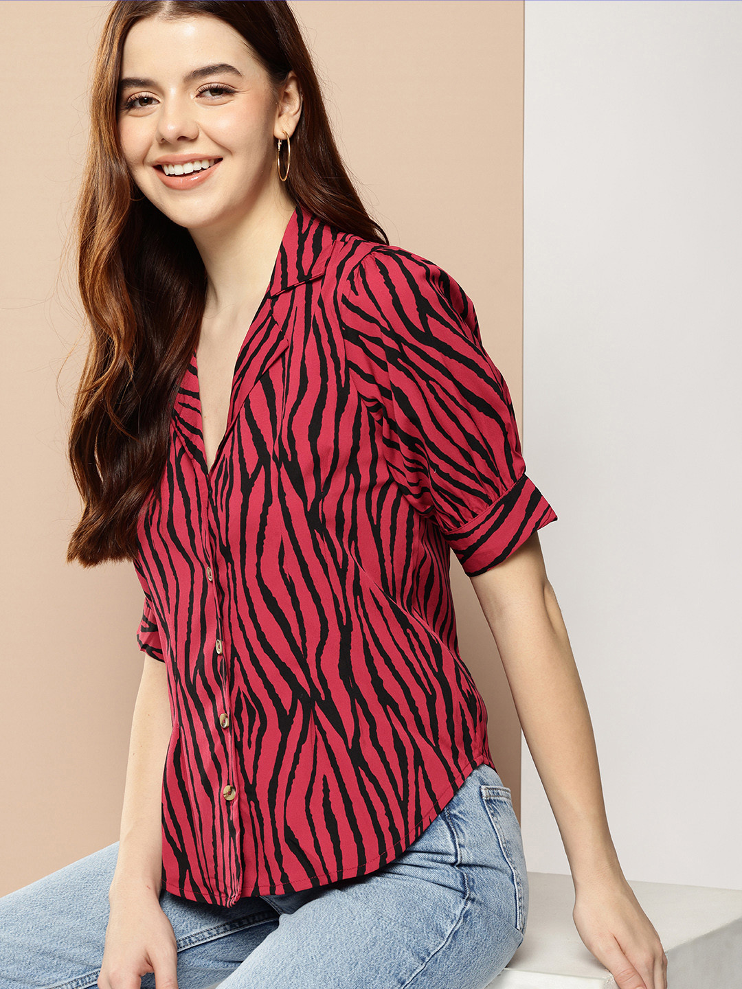 

encore by INVICTUS Zebra Striped Cuban Collar Casual Shirt with Cuffed Sleeves, Maroon
