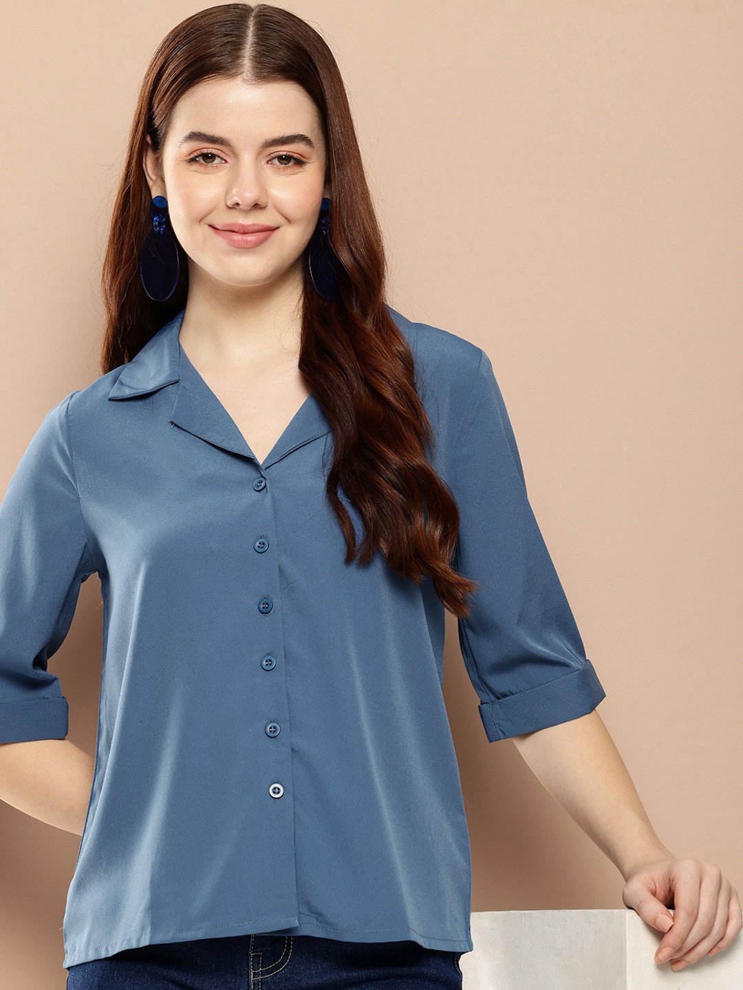 

encore by INVICTUS Opaque Cuban Collar Casual Shirt, Blue
