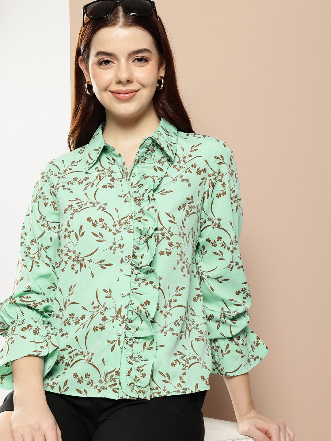 

encore by INVICTUS Floral Printed Bell Sleeves Casual Shirt, Green