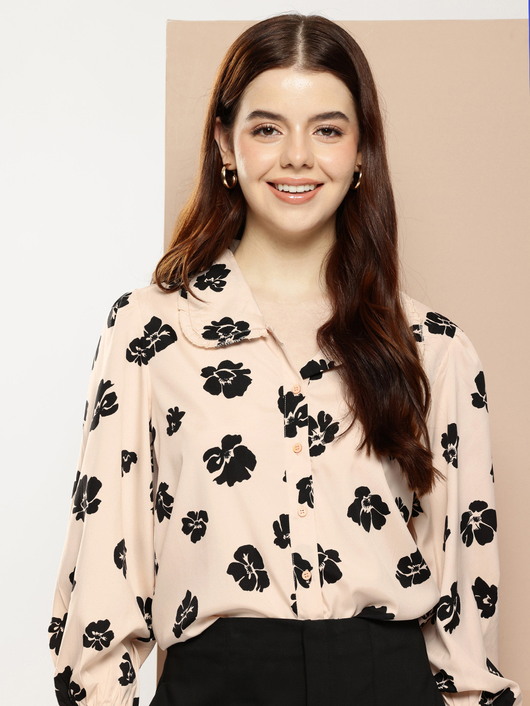 

encore by INVICTUS Floral Printed Peter Pan Collar Casual Shirt, Peach
