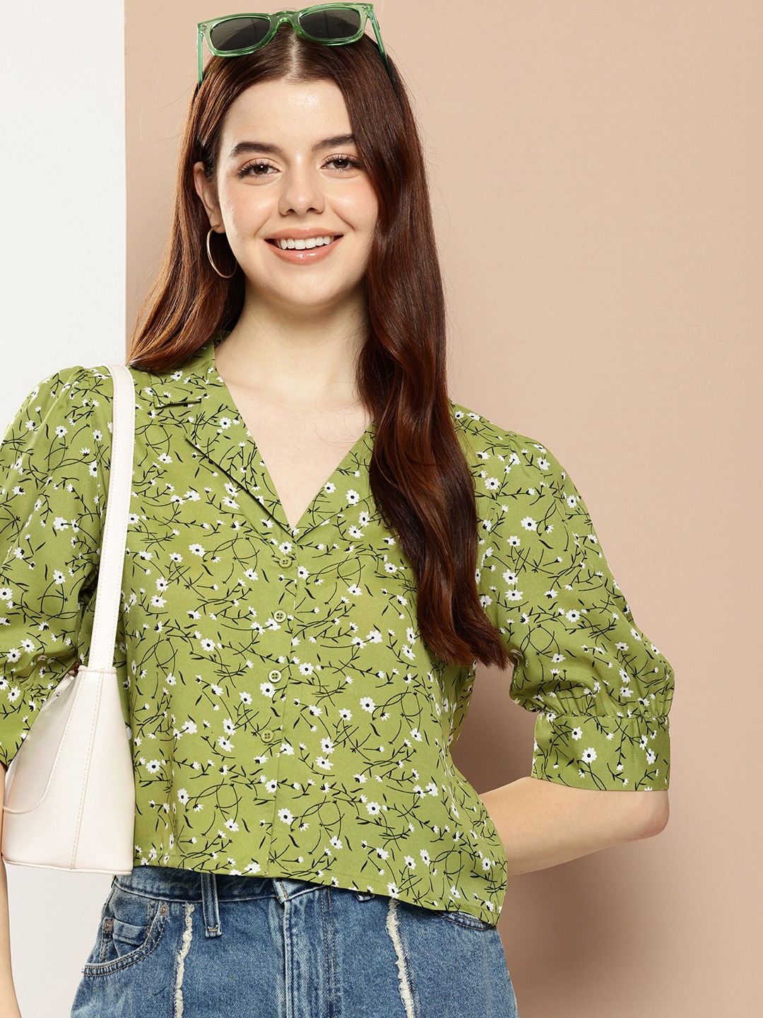 

encore by INVICTUS Floral Printed Boxy Fit Crop Casual Shirt, Green