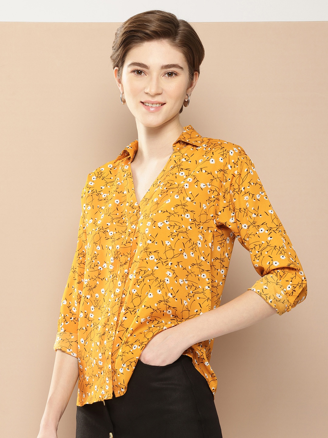 

encore by INVICTUS Floral Printed Opaque Casual Shirt, Mustard