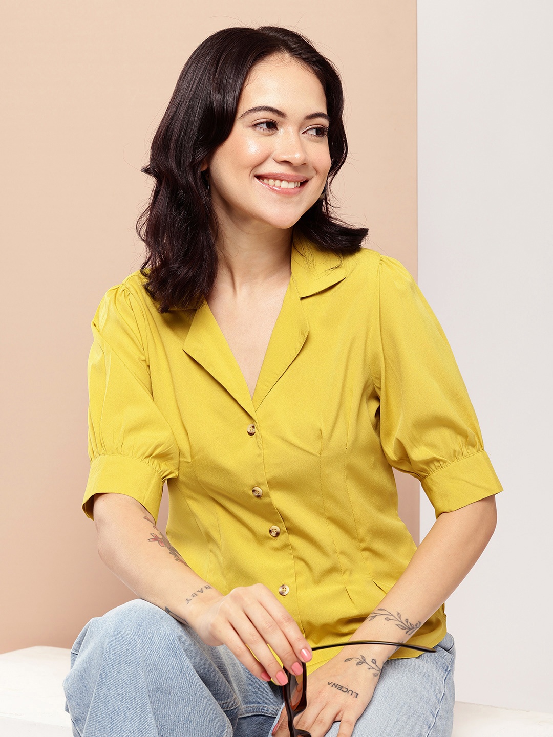 

encore by INVICTUS Puff Sleeves Cuban Collar Casual Shirt, Mustard