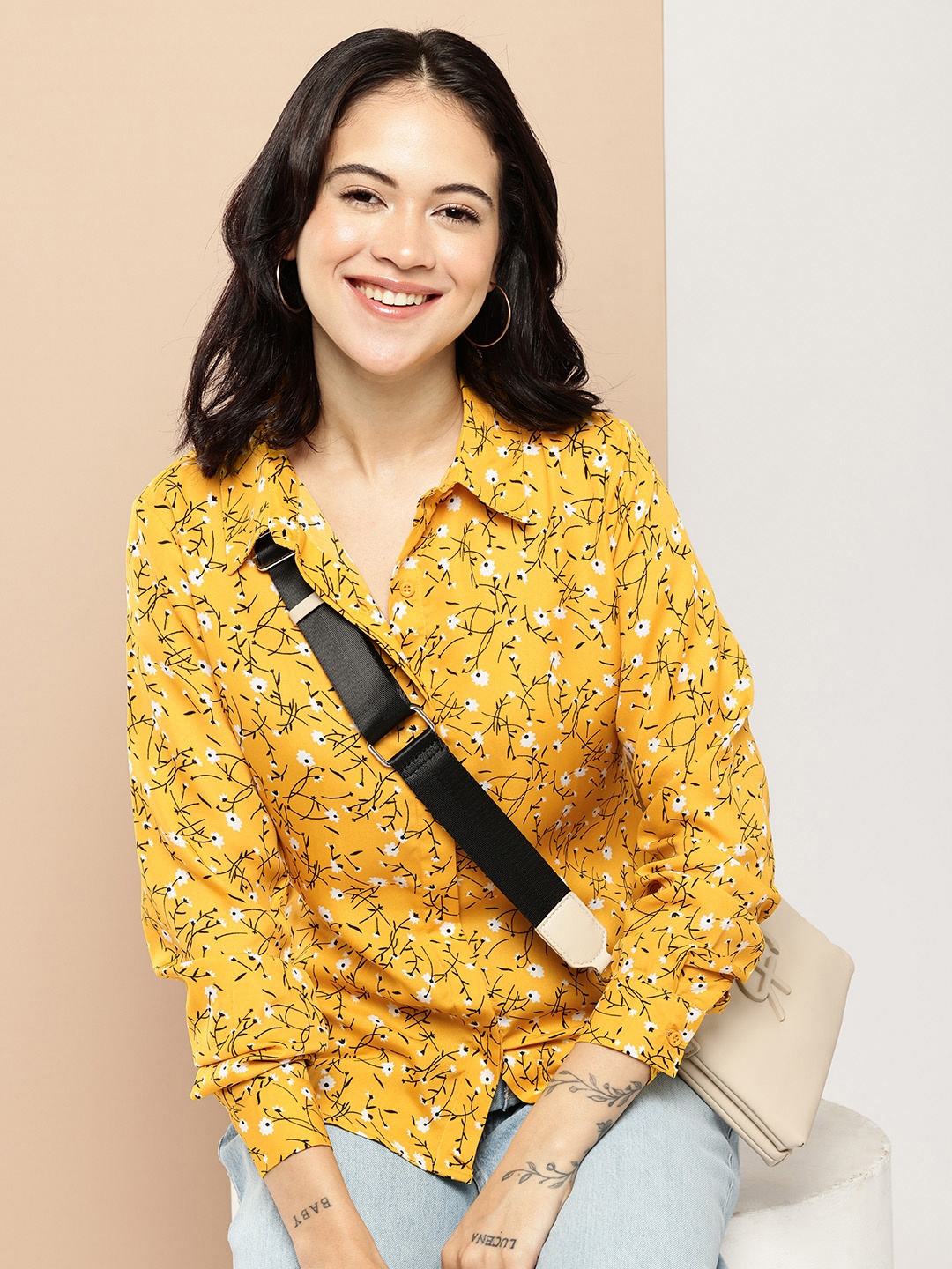 

encore by INVICTUS Floral Printed Casual Shirt, Mustard