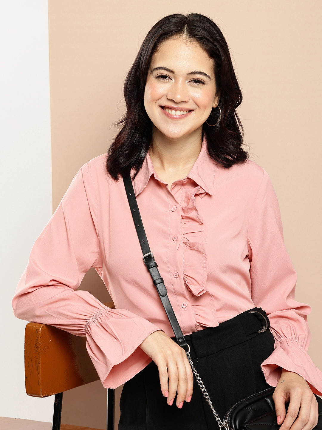 

encore by INVICTUS Bell Sleeves Ruffles Casual Shirt, Pink