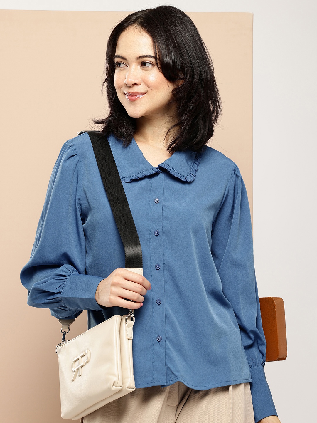 

encore by INVICTUS Puff Sleeves Peter Pan Collar Opaque Casual Shirt, Blue