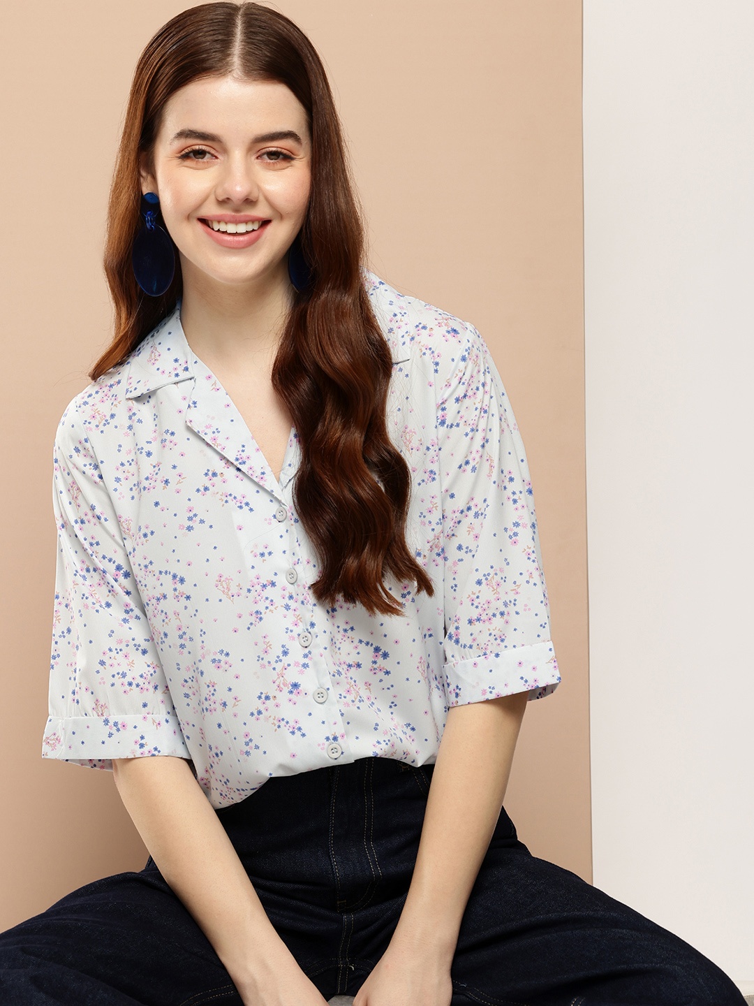 

encore by INVICTUS Opaque Floral Printed Casual Shirt, Blue