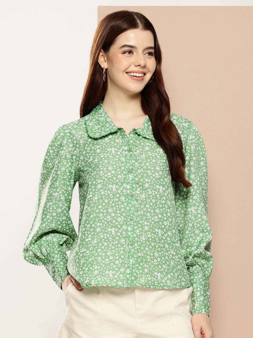 

encore by INVICTUS Floral Printed Peter Pan Collar Casual Shirt with Cuffed Sleeves, Green