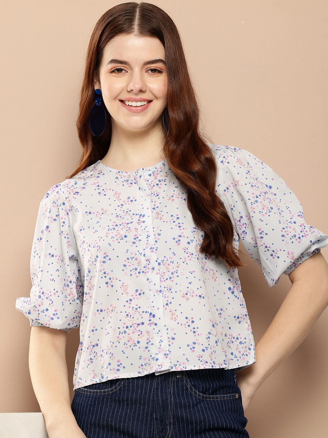

encore by INVICTUS Floral Print Puff Sleeve Shirt Style Crop Top, Blue