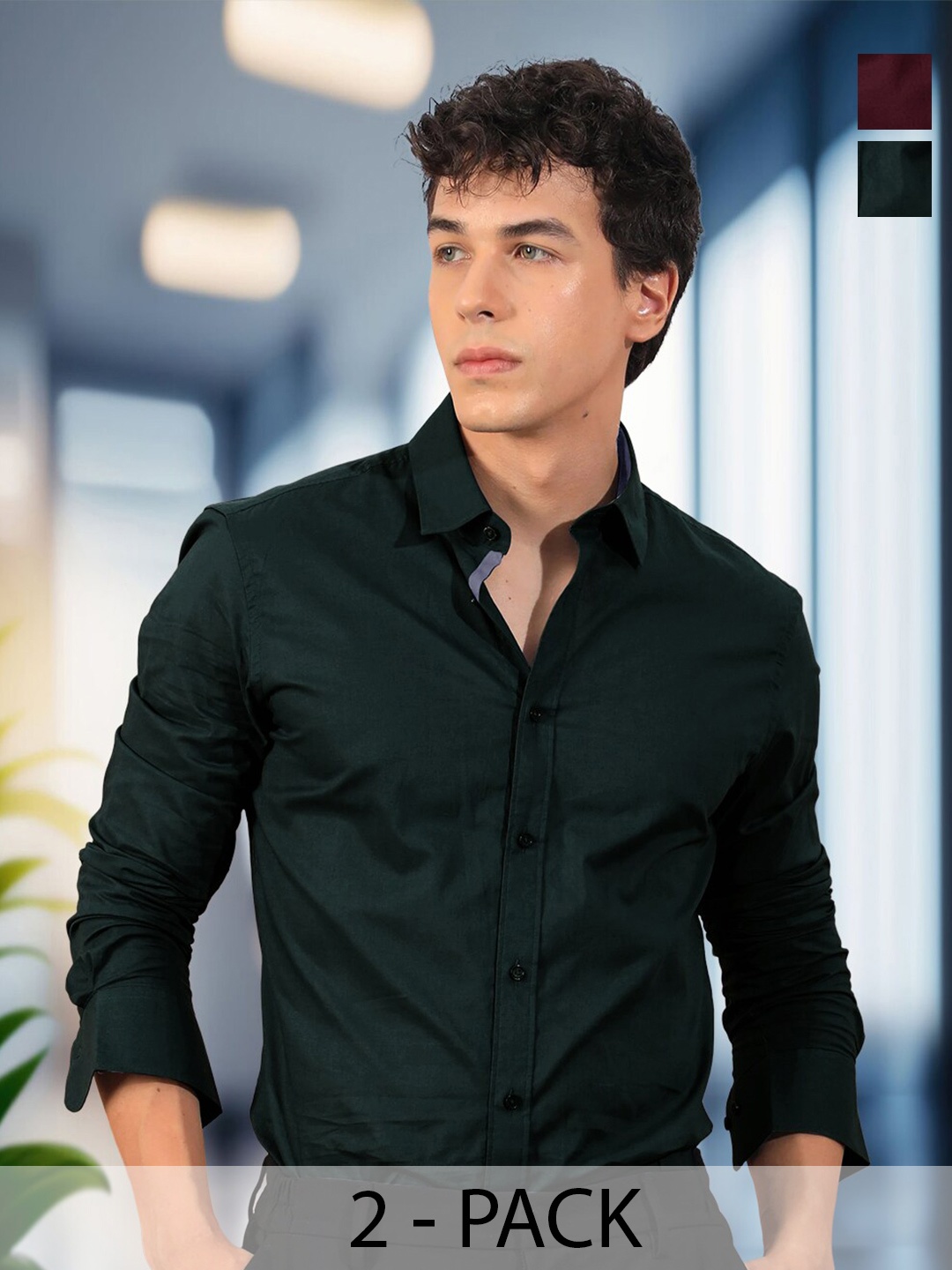 

Ethnic basket Pack Of 2 Standard Spread Collar Curved Cotton Formal Shirt, Black