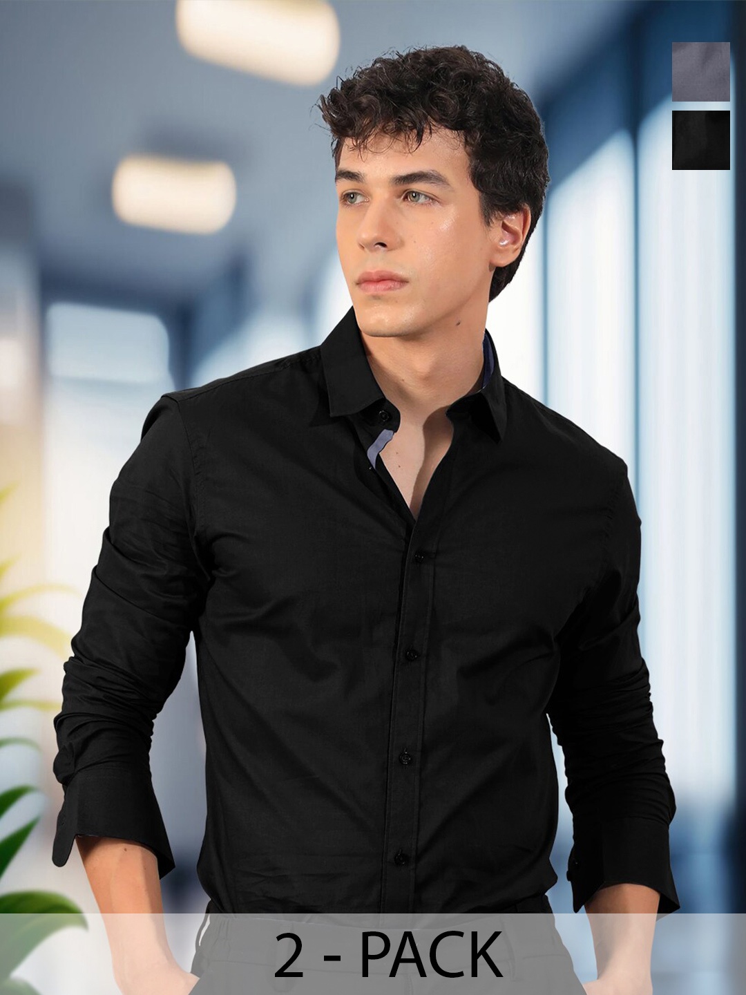

Ethnic basket Pack Of 2 Standard Spread Collar Curved Cotton Formal Shirt, Black