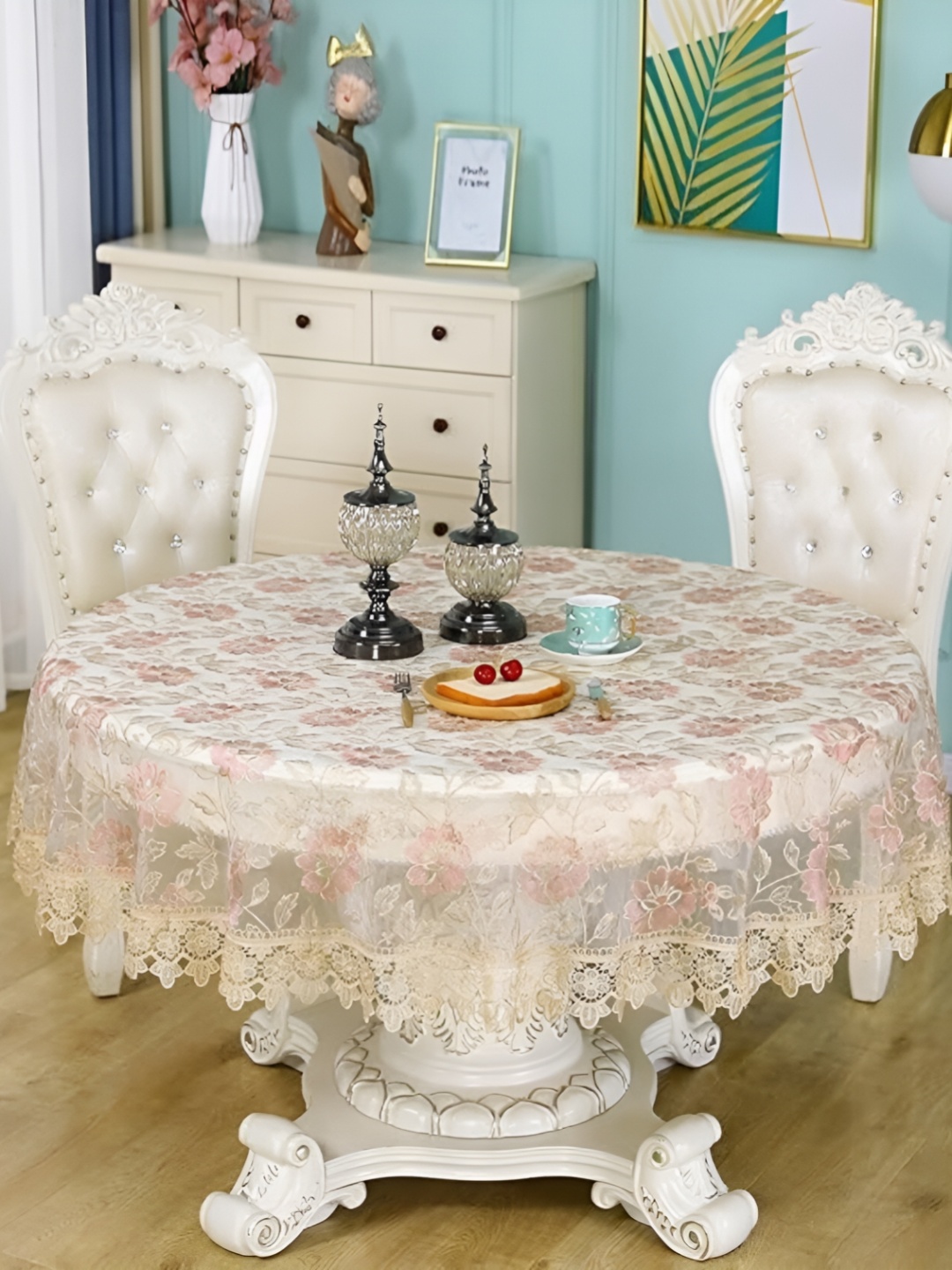 

TANLOOMS White & Pink Floral Round Embroidered 4-Seater Table Cover