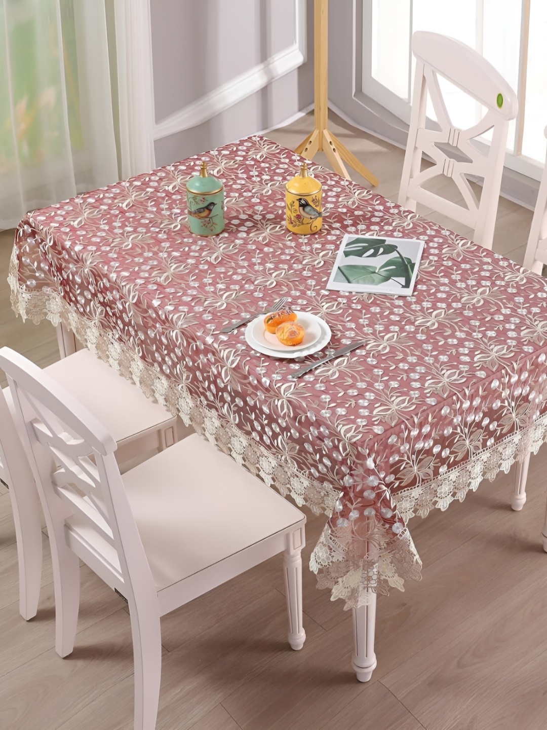 TANLOOMS Maroon & White Floral Embroidery Anti-Skid 6-Seater Tissue Table Cover