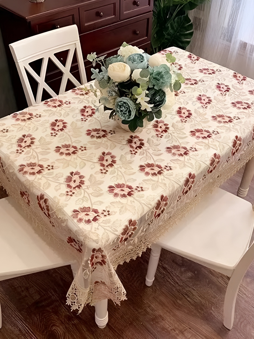 

TANLOOMS Beige & Maroon Floral Embroidery Anti-Skid 2-Seater Tissue Table Cover